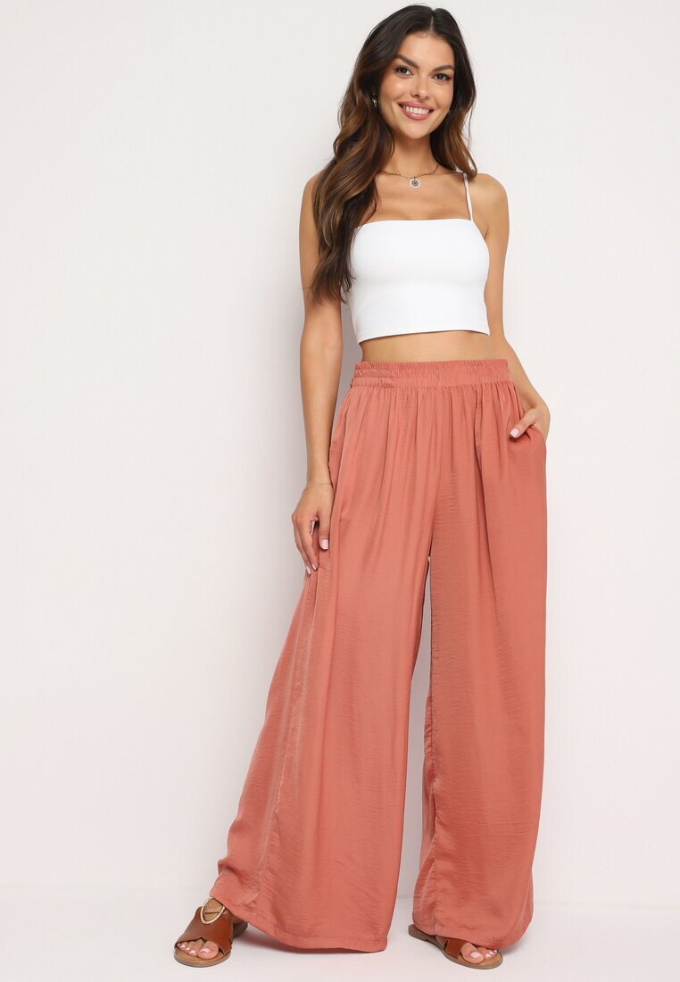 melya by melody Pantaloni portocalii din viscoză și talie înaltă și elastic în talie Kelevevia