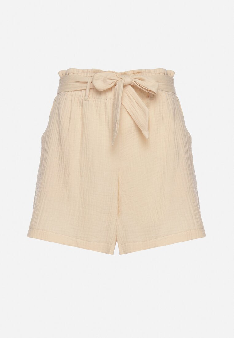melya by melody Pantaloni scurți Bej din bumbac cu elastic în talie și curea din material Fioara