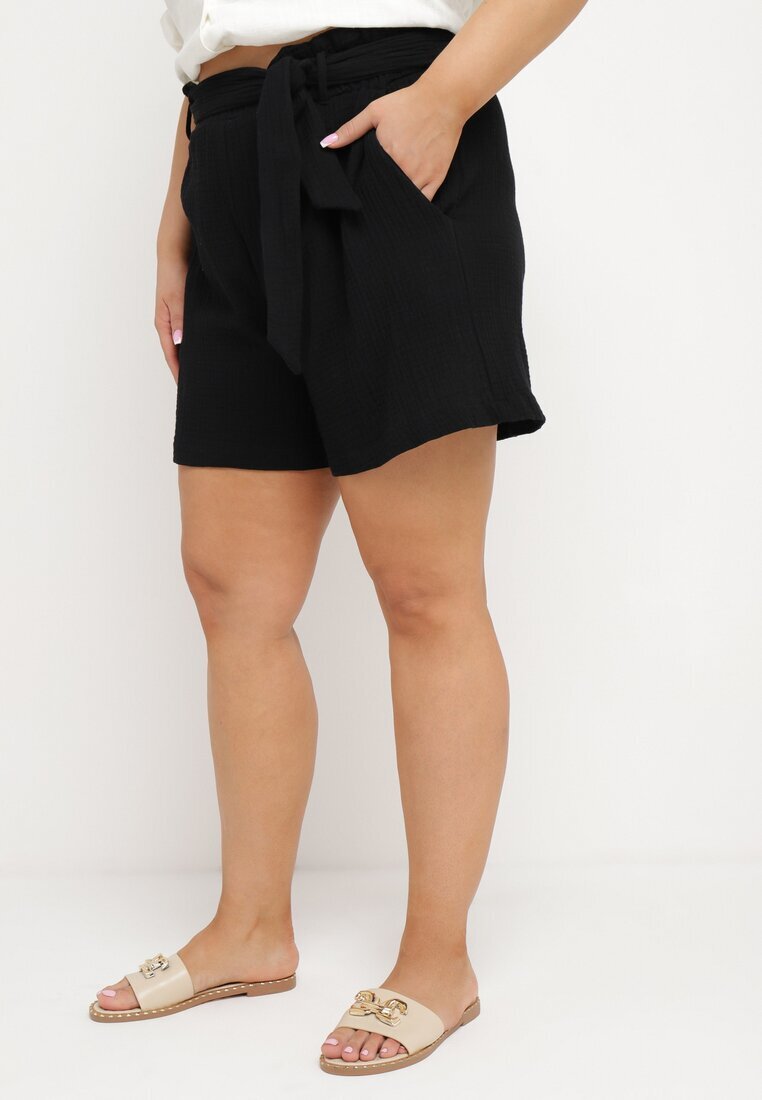 melya by melody Pantaloni scurți Negri din Bumbac cu Elastic în Talie și Curea din Material Melluna