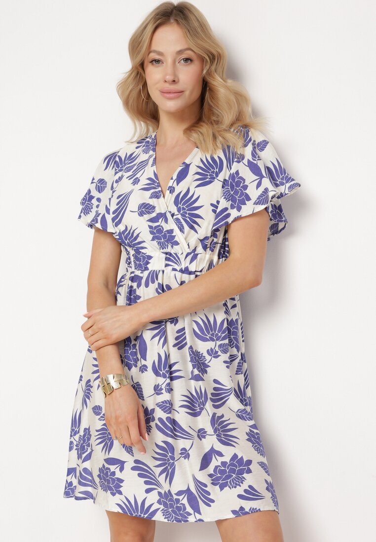 melya by melody Rochie Alb-Bleumarin cu Decolteu petrecut și Elastic în talie cu Imprimeu floral Nelliera