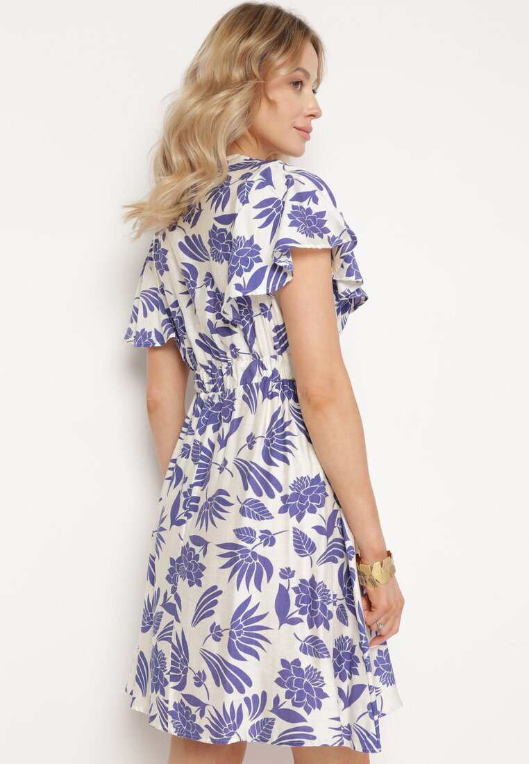 melya by melody Rochie Alb-Bleumarin cu Decolteu petrecut și Elastic în talie cu Imprimeu floral Nelliera