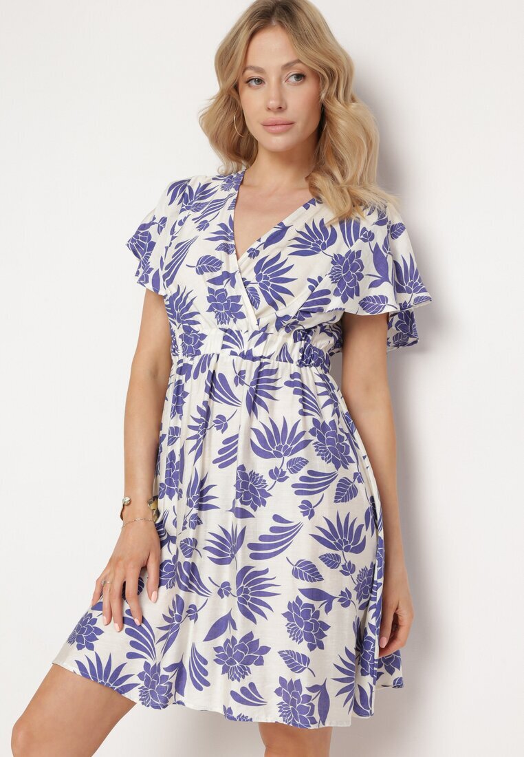 melya by melody Rochie Alb-Bleumarin cu Decolteu petrecut și Elastic în talie cu Imprimeu floral Nelliera