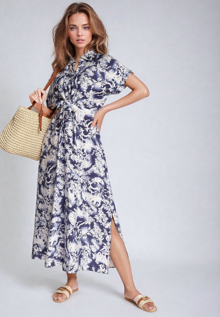 melya by melody Rochie Albastră-Albă Cambrată cu elastic în talie închisă cu nasturi Nasica