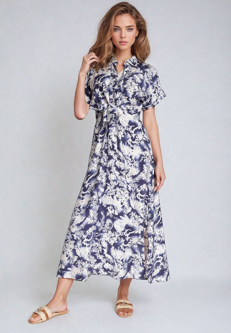 melya by melody Rochie Albastră-Albă Cambrată cu elastic în talie închisă cu nasturi Nasica
