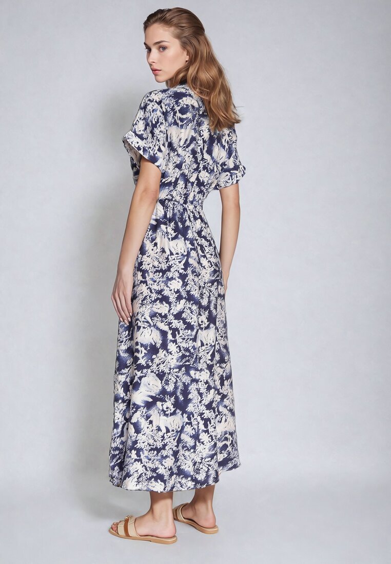 melya by melody Rochie Albastră-Albă Cambrată cu elastic în talie închisă cu nasturi Nasica
