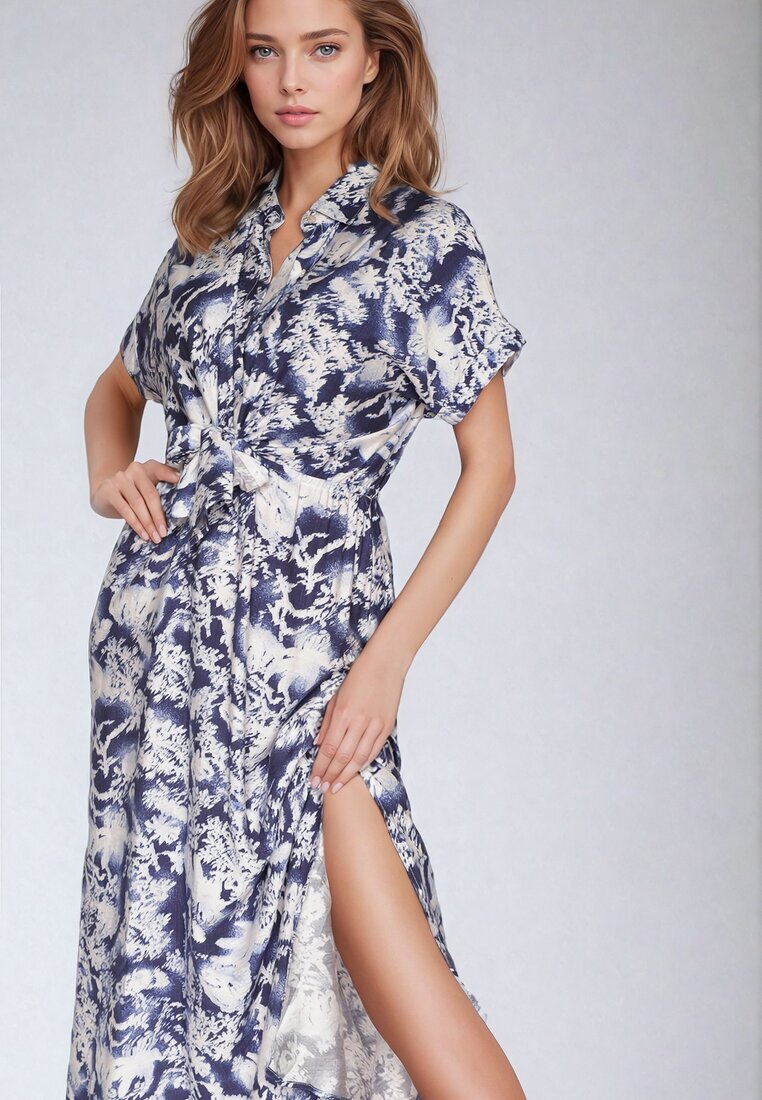 melya by melody Rochie Albastră-Albă Cambrată cu elastic în talie închisă cu nasturi Nasica