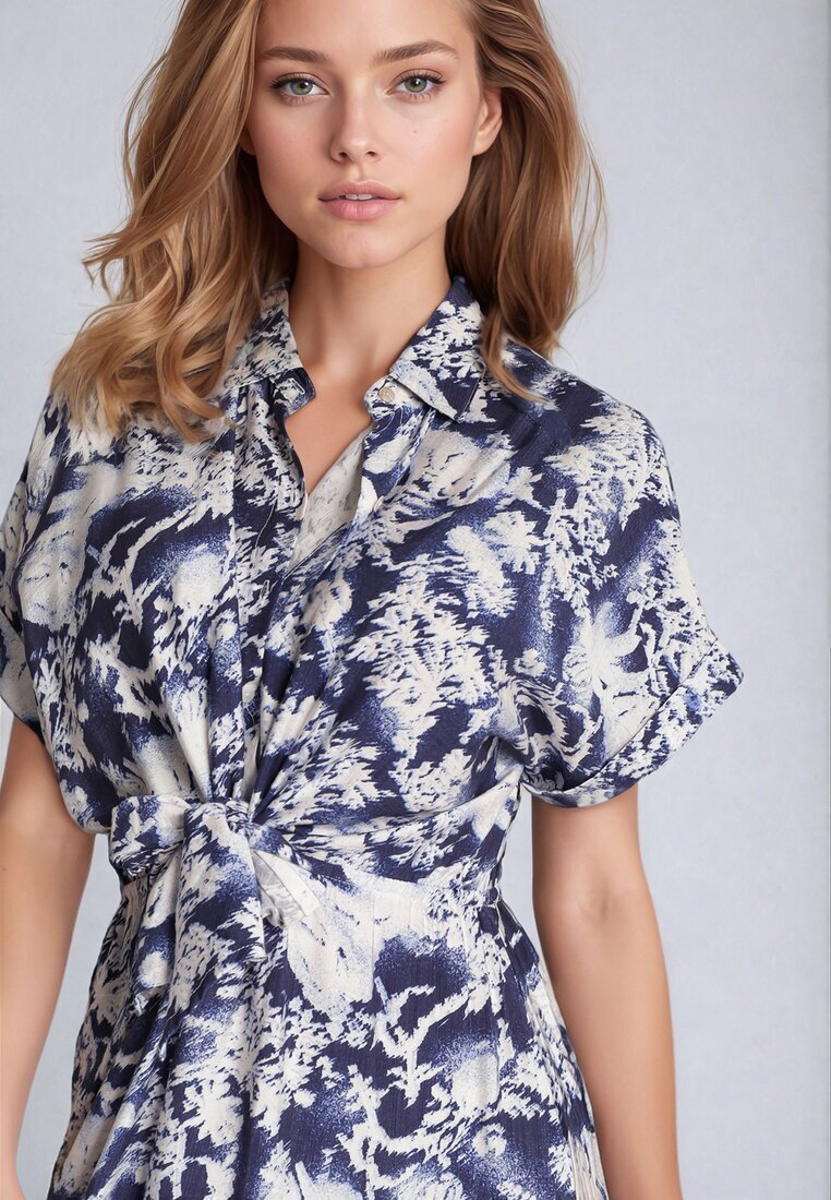 melya by melody Rochie Albastră-Albă Cambrată cu elastic în talie închisă cu nasturi Nasica