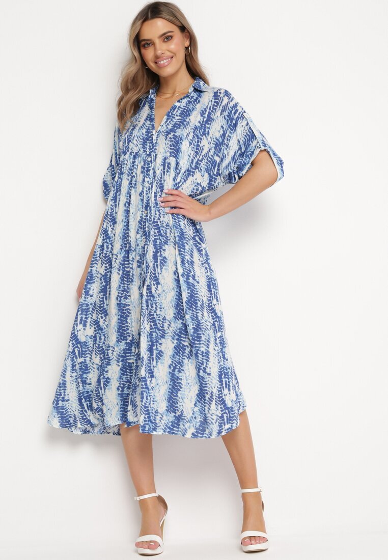 melya by melody Rochie Albastră cu bust tip cămașă din Viscoză cu Model Abstract Navila