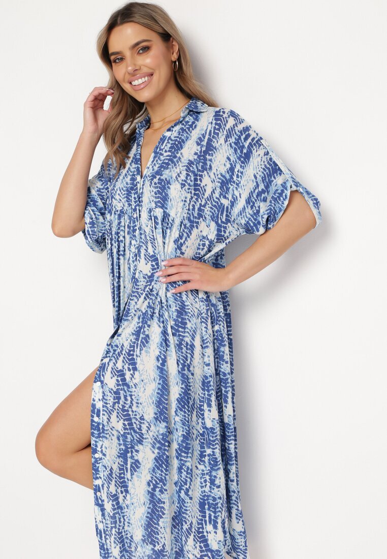 melya by melody Rochie Albastră cu bust tip cămașă din Viscoză cu Model Abstract Navila