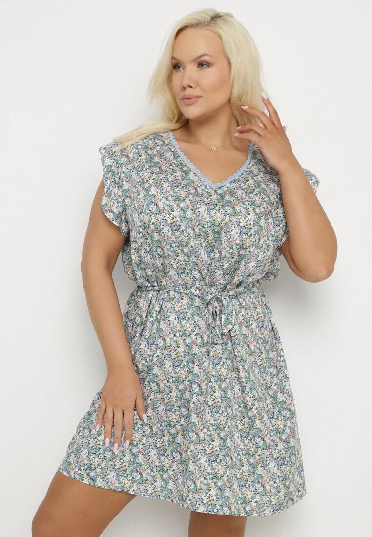 melya by melody Rochie Albastră din Viscoză cu Flori cu Cordon și Broderii Nelindia