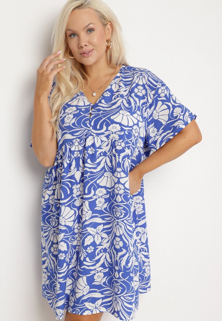 melya by melody Rochie albastră dreaptă din viscoză cu flori cu nasturi Liramiree