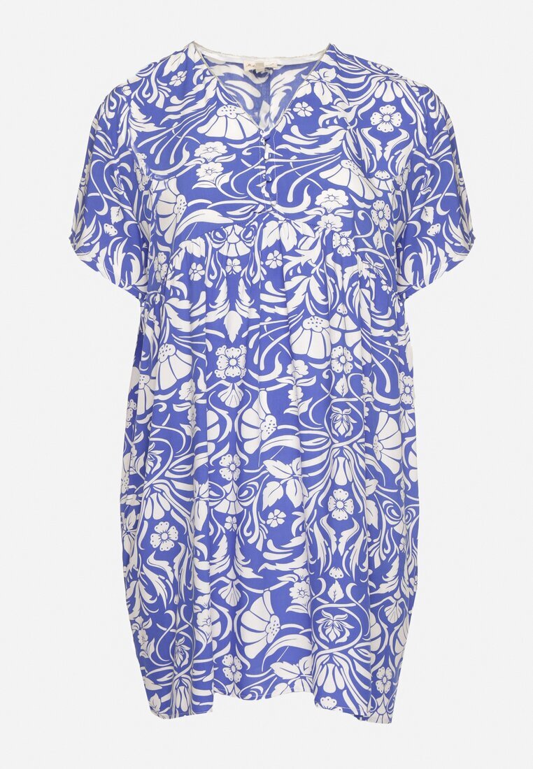 melya by melody Rochie albastră dreaptă din viscoză cu flori cu nasturi Liramiree