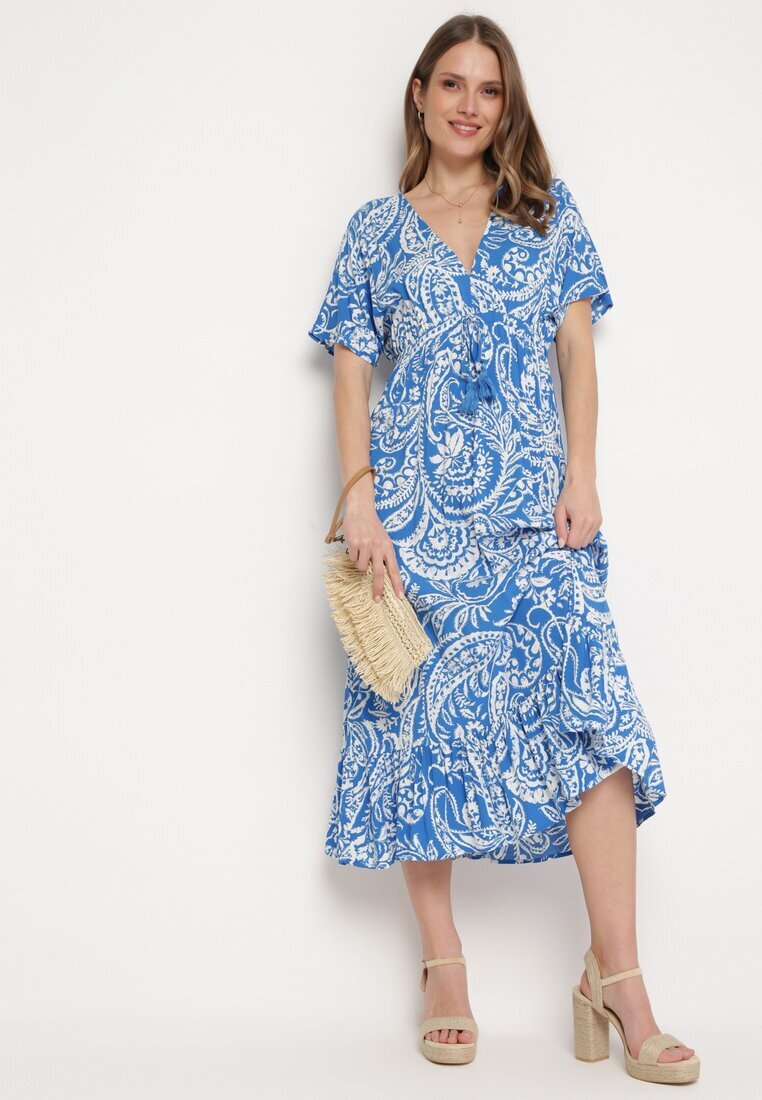 melya by melody Rochie Albastră în stil Boho cu elastic în talie și ciucuri Wornima