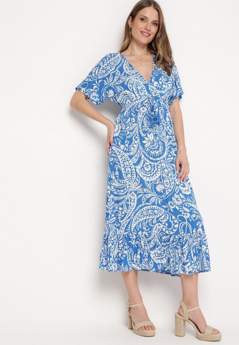 melya by melody Rochie Albastră în stil Boho cu elastic în talie și ciucuri Wornima