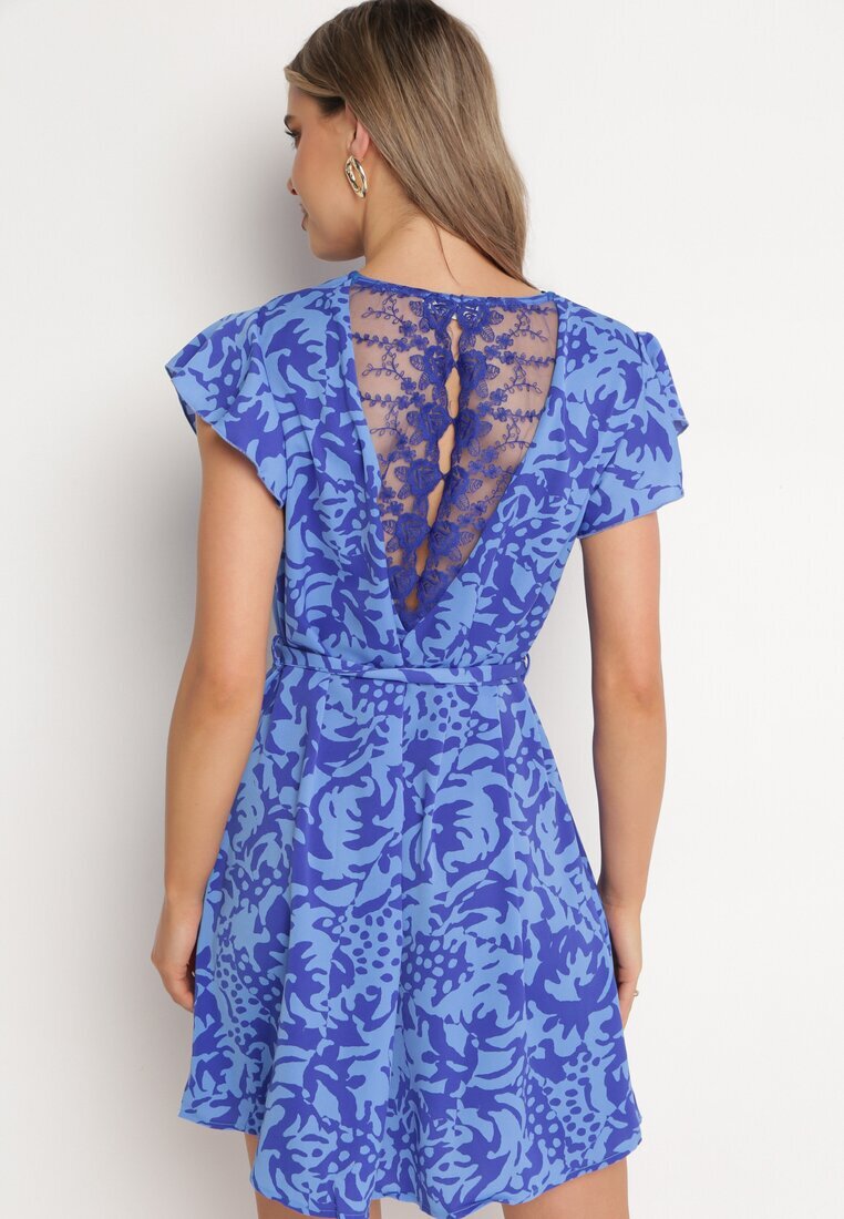 melya by melody Rochie Albastru și Bleumarin cu Mânecă Scurtă Decorată cu Plasă la Decolteu cu Curea din Material Textil Meada