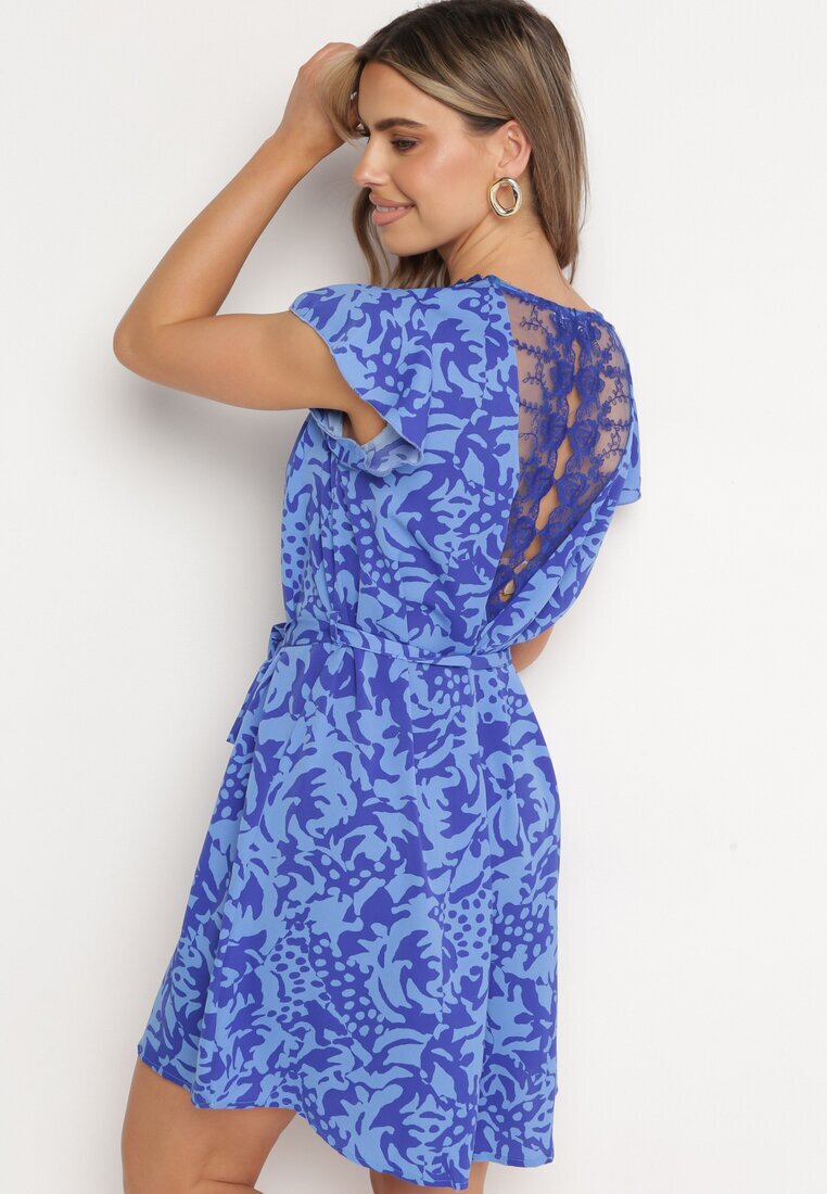 melya by melody Rochie Albastru și Bleumarin cu Mânecă Scurtă Decorată cu Plasă la Decolteu cu Curea din Material Textil Meada