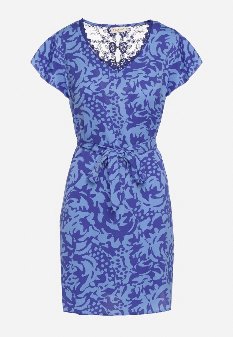 melya by melody Rochie Albastru și Bleumarin cu Mânecă Scurtă Decorată cu Plasă la Decolteu cu Curea din Material Textil Meada