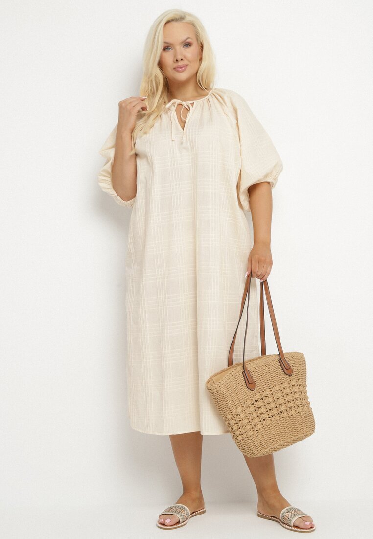 melya by melody Rochie Bej din Bumbac Oversize cu legătură la gât Tolanea