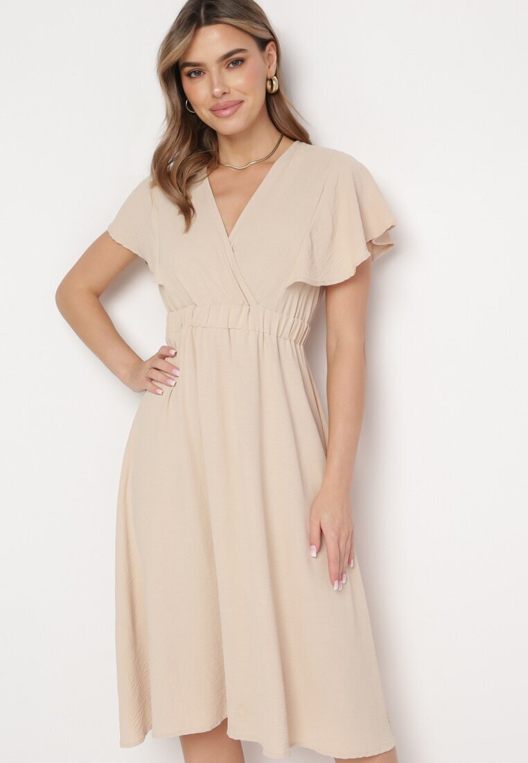 melya by melody Rochie Bej Evazată Midi cu Decolteu Petrecut Mirenal