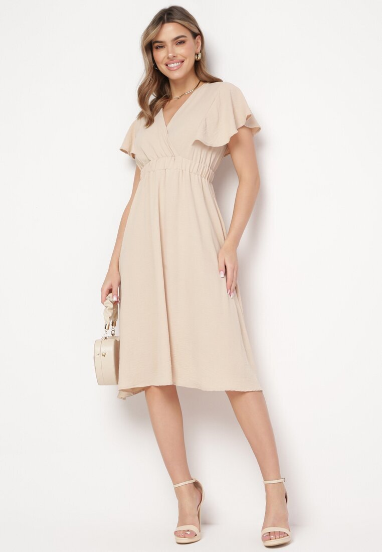 melya by melody Rochie Bej Evazată Midi cu Decolteu Petrecut Mirenal