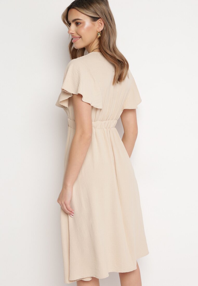 melya by melody Rochie Bej Evazată Midi cu Decolteu Petrecut Mirenal