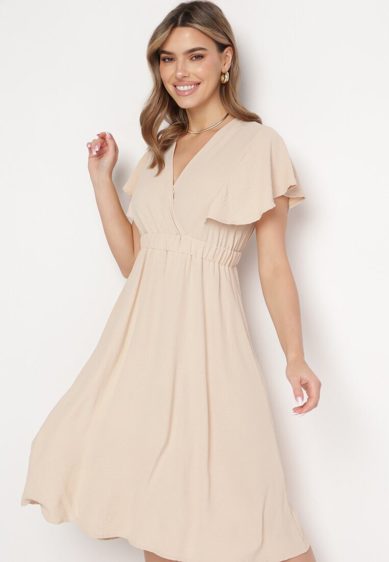 melya by melody Rochie Bej Evazată Midi cu Decolteu Petrecut Mirenal