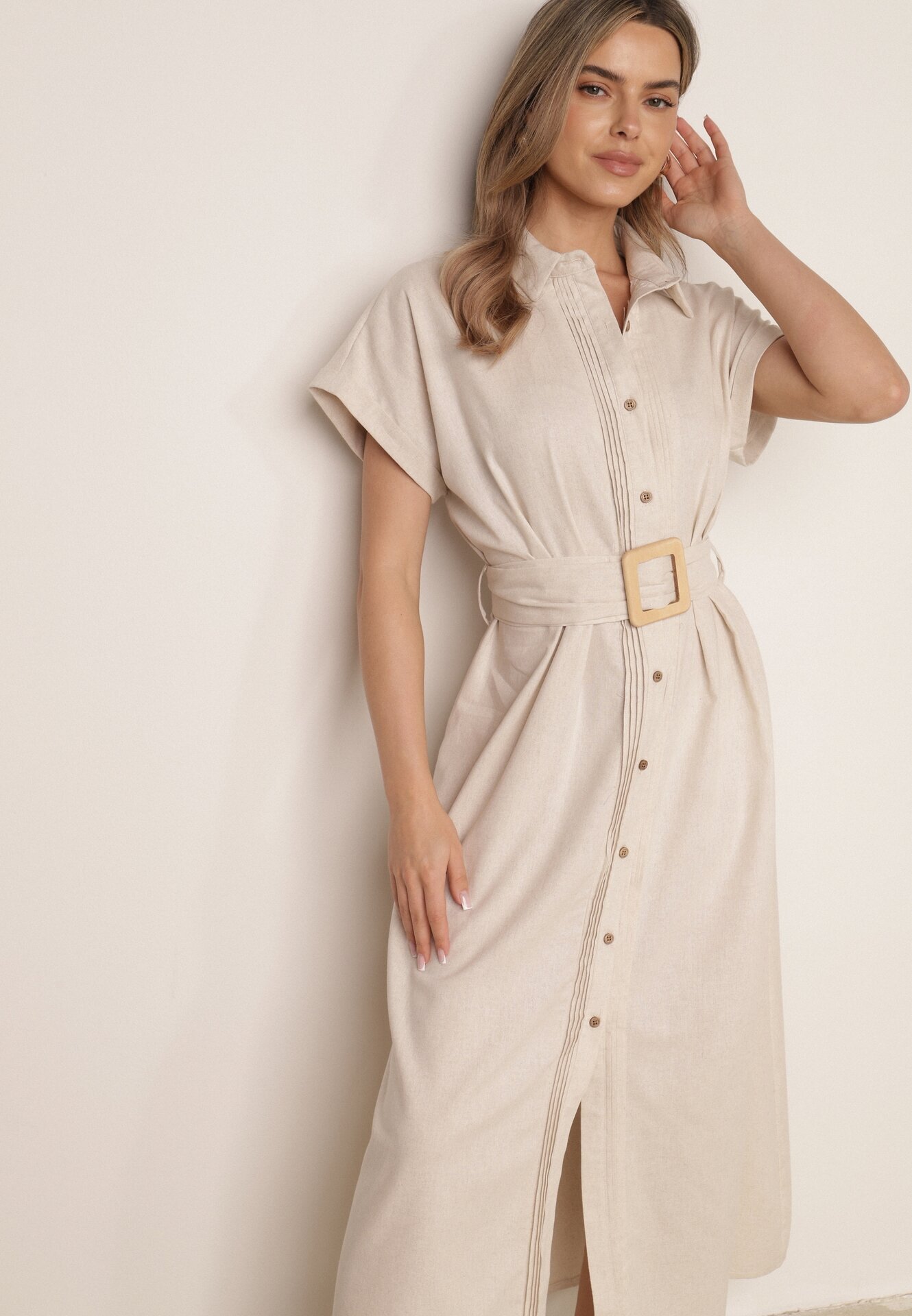 melya by melody Rochie-cămașă din bumbac cu curea în talie și buzunare Semilea Bej