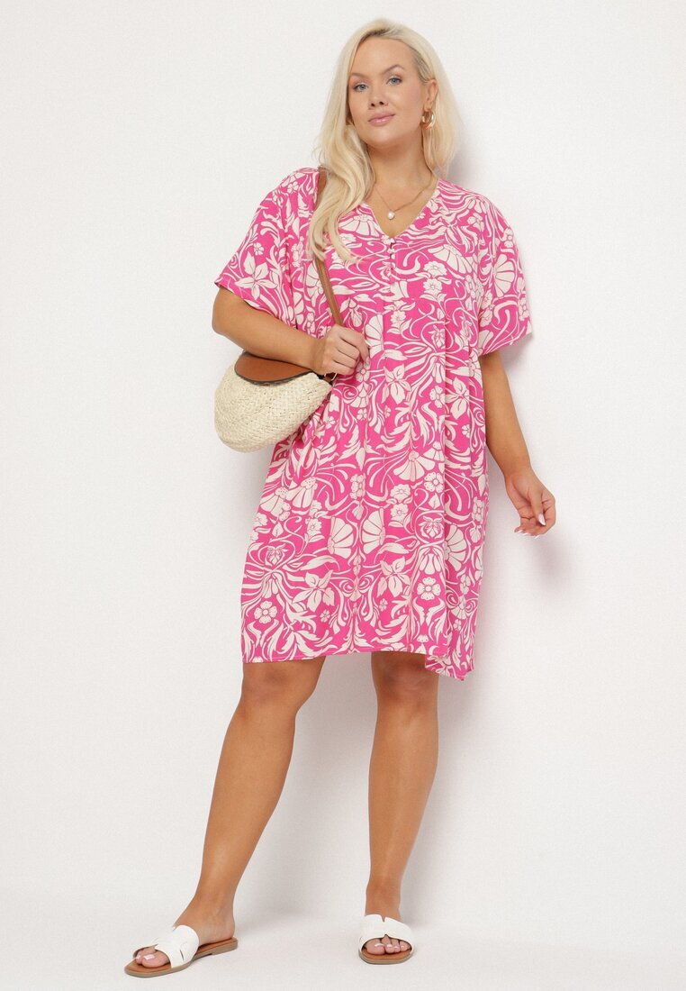 melya by melody Rochie Dreaptă Fucsia din Viscoză cu Flori cu Nasturi Liramiree