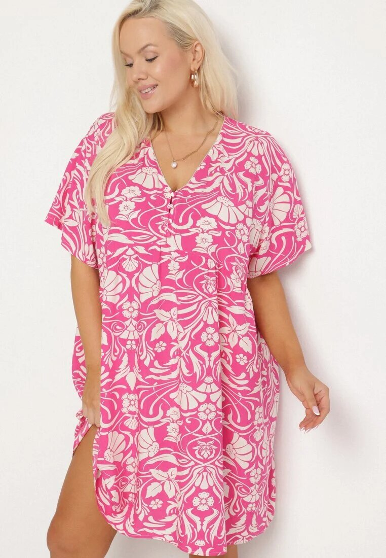 melya by melody Rochie Dreaptă Fucsia din Viscoză cu Flori cu Nasturi Liramiree