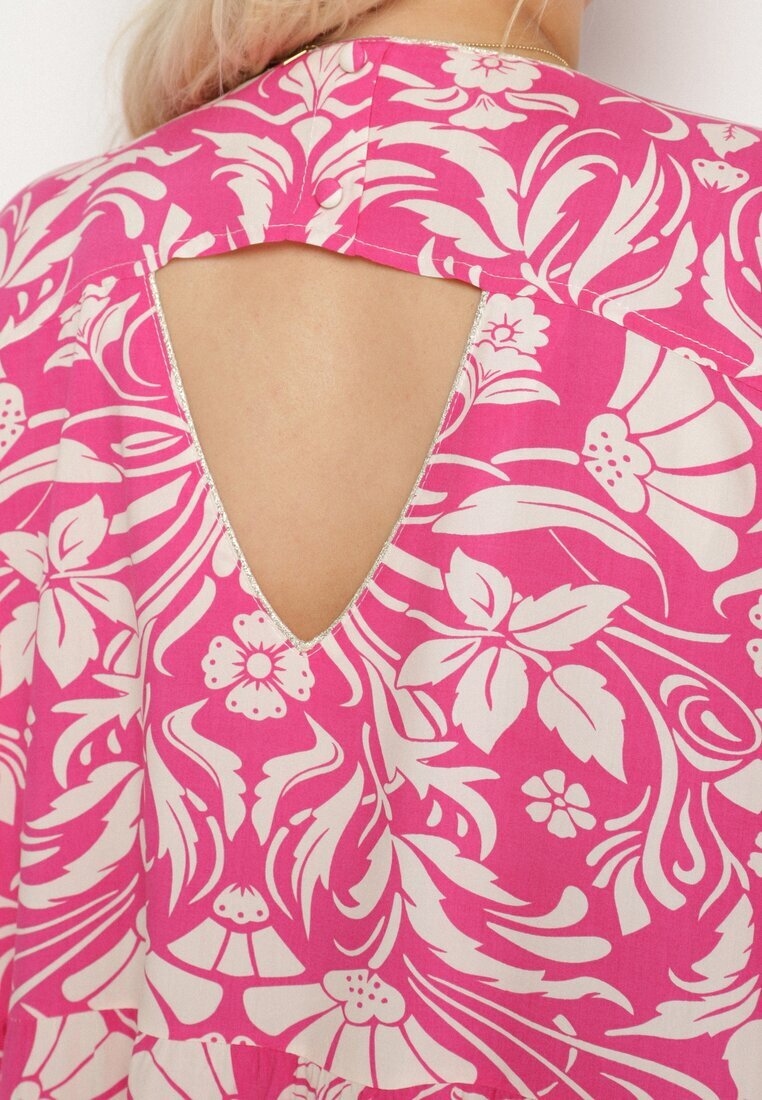 melya by melody Rochie Dreaptă Fucsia din Viscoză cu Flori cu Nasturi Liramiree