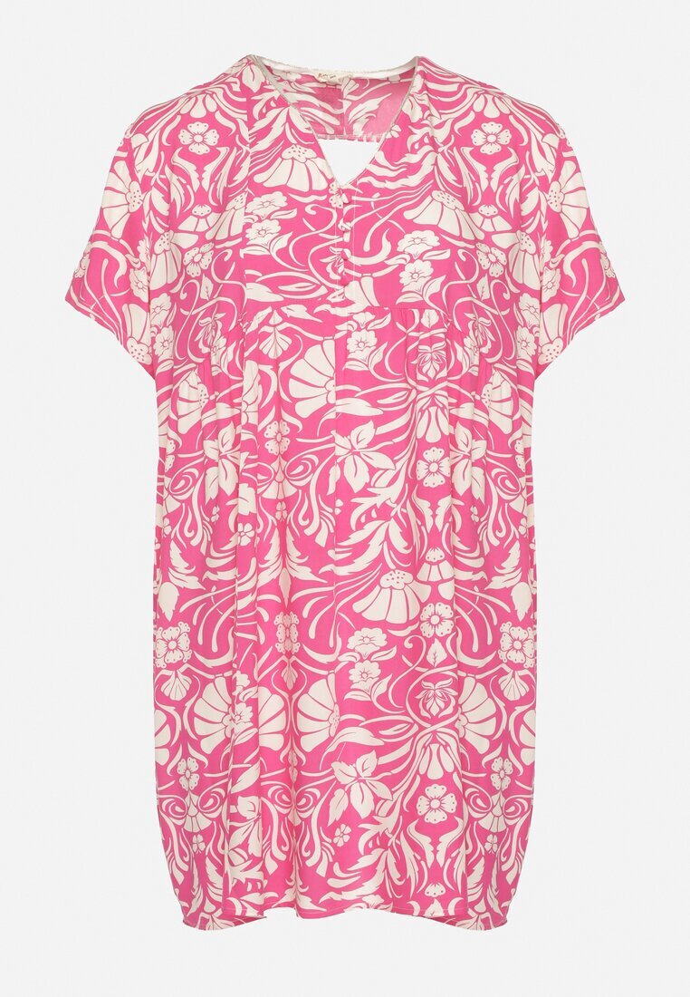 melya by melody Rochie Dreaptă Fucsia din Viscoză cu Flori cu Nasturi Liramiree