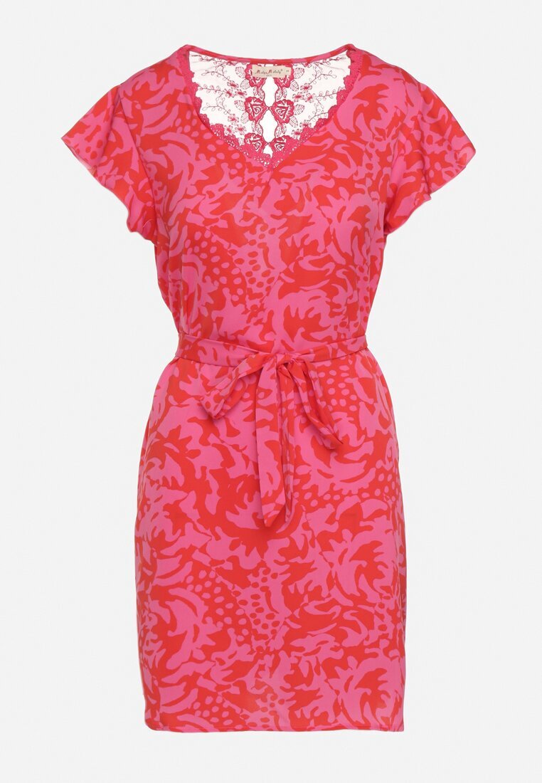 melya by melody Rochie fuchsia cu mânecă scurtă decorată cu plasă la decolteu cu o curea din material Meada