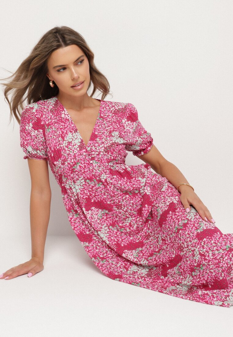 melya by melody Rochie Fucșia Midi cu Decolteu Adânc și Elastic în Talie din Viscoză Arevik