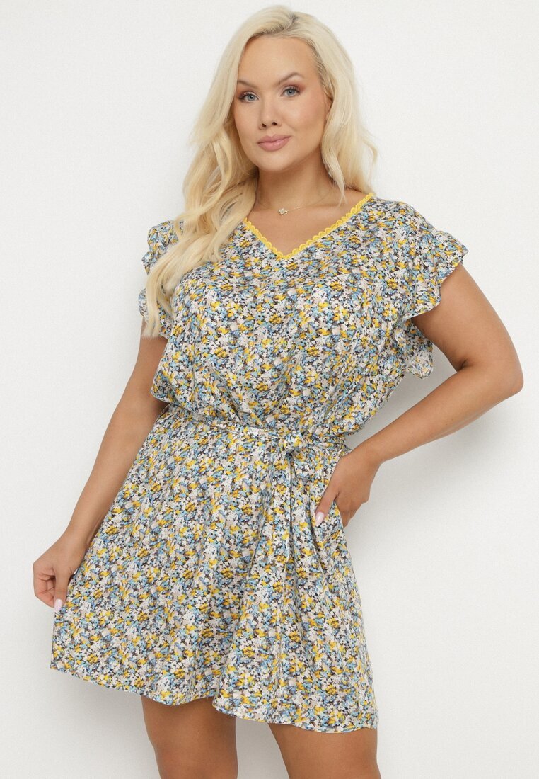 melya by melody Rochie Galbenă din Viscoză cu Flori cu Centură și Broderii Nelindia