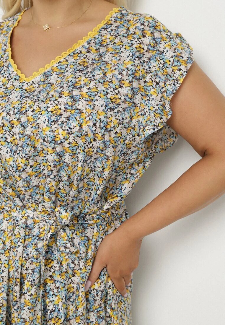 melya by melody Rochie Galbenă din Viscoză cu Flori cu Centură și Broderii Nelindia