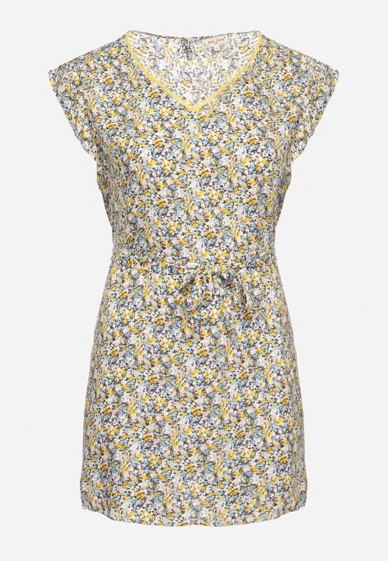 melya by melody Rochie Galbenă din Viscoză cu Flori cu Centură și Broderii Nelindia