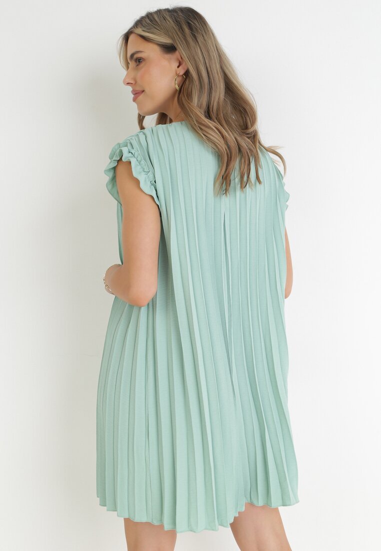 melya by melody Rochie Mini Croială Dreaptă Verde Deschis din Țesătură Plisată din Vâscoză și Bumbac Ematisa