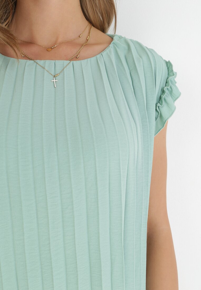 melya by melody Rochie Mini Croială Dreaptă Verde Deschis din Țesătură Plisată din Vâscoză și Bumbac Ematisa
