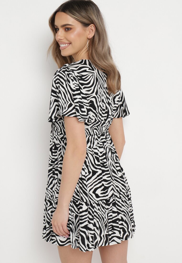 melya by melody Rochie Mini Negru-Alb din Viscoză cu Dungi Abstracte Ethikala