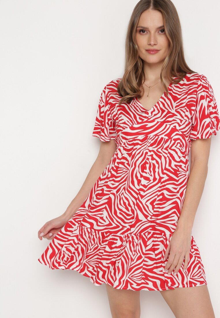 melya by melody Rochie Mini Roșu-Bej din viscoză cu dungi abstracte Ethikala