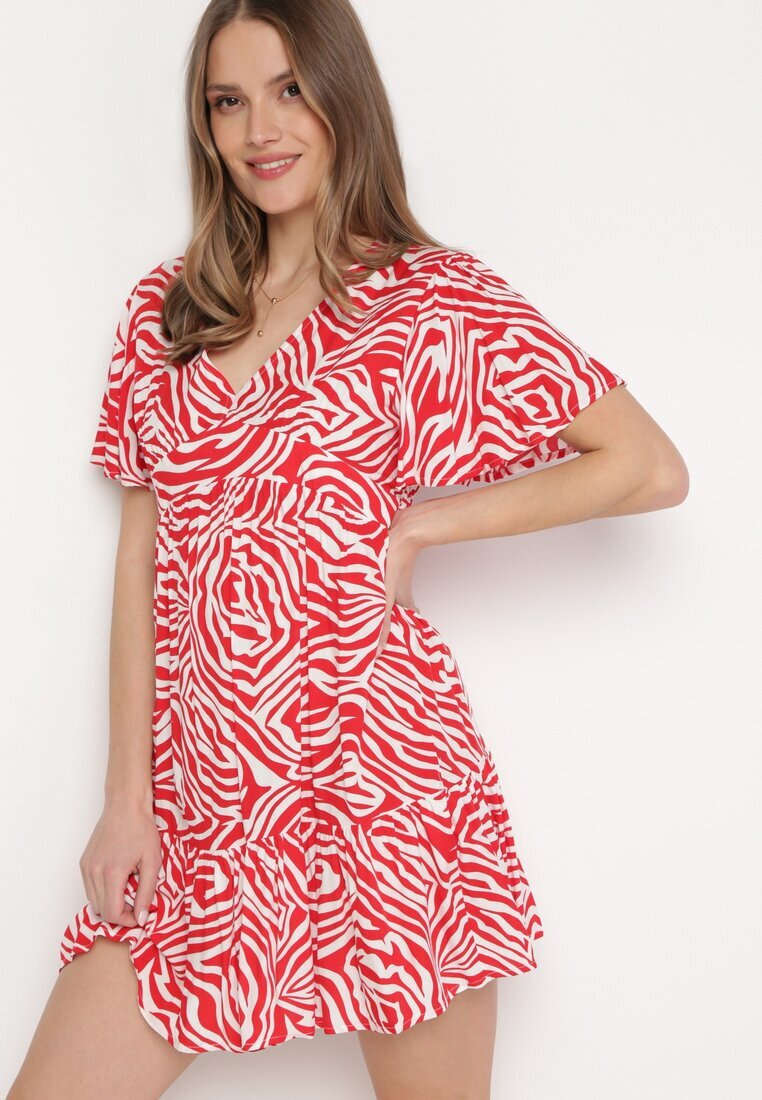 melya by melody Rochie Mini Roșu-Bej din viscoză cu dungi abstracte Ethikala