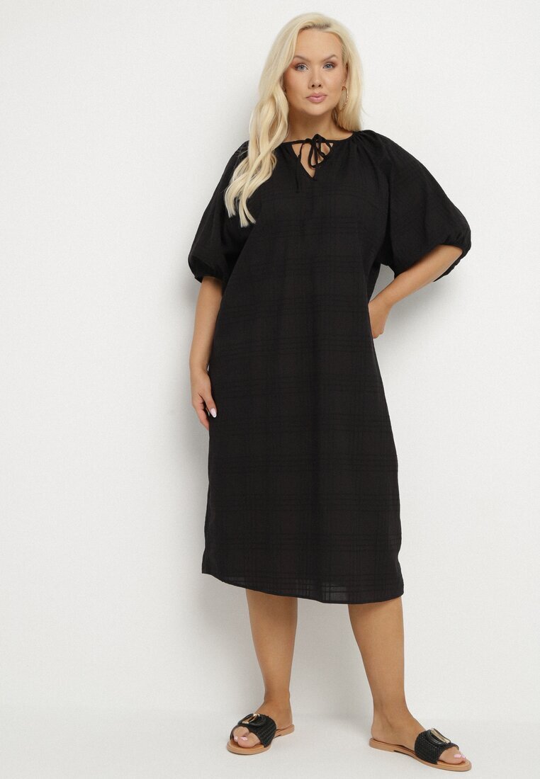 melya by melody Rochie Neagră De Bumbac Oversize cu Șnur la Gât Tolanea