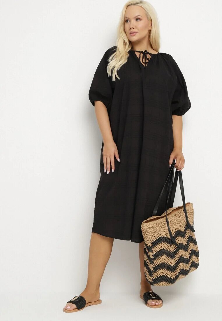 melya by melody Rochie Neagră De Bumbac Oversize cu Șnur la Gât Tolanea