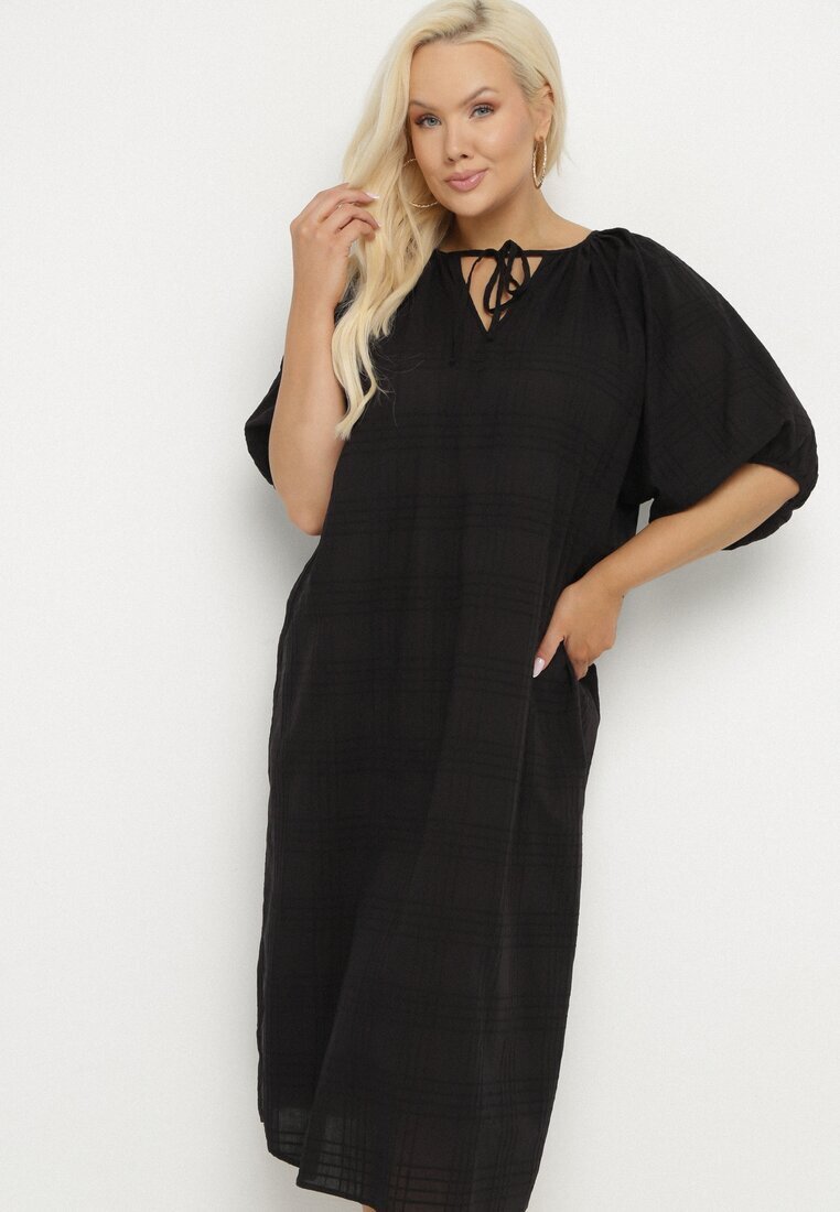 melya by melody Rochie Neagră De Bumbac Oversize cu Șnur la Gât Tolanea