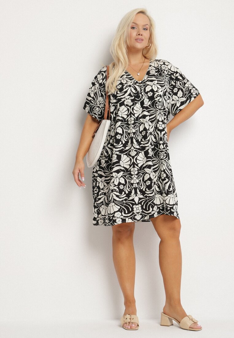 melya by melody Rochie negră croială dreaptă din viscoză cu imprimeu floral cu nasturi Liramiree