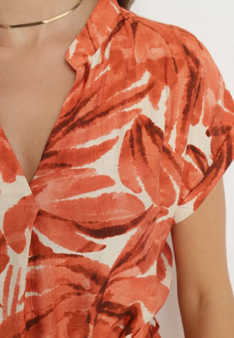 melya by melody Rochie portocalie dreaptă cu decolteu în V cu imprimeu vegetal și cordon în talie Resevia