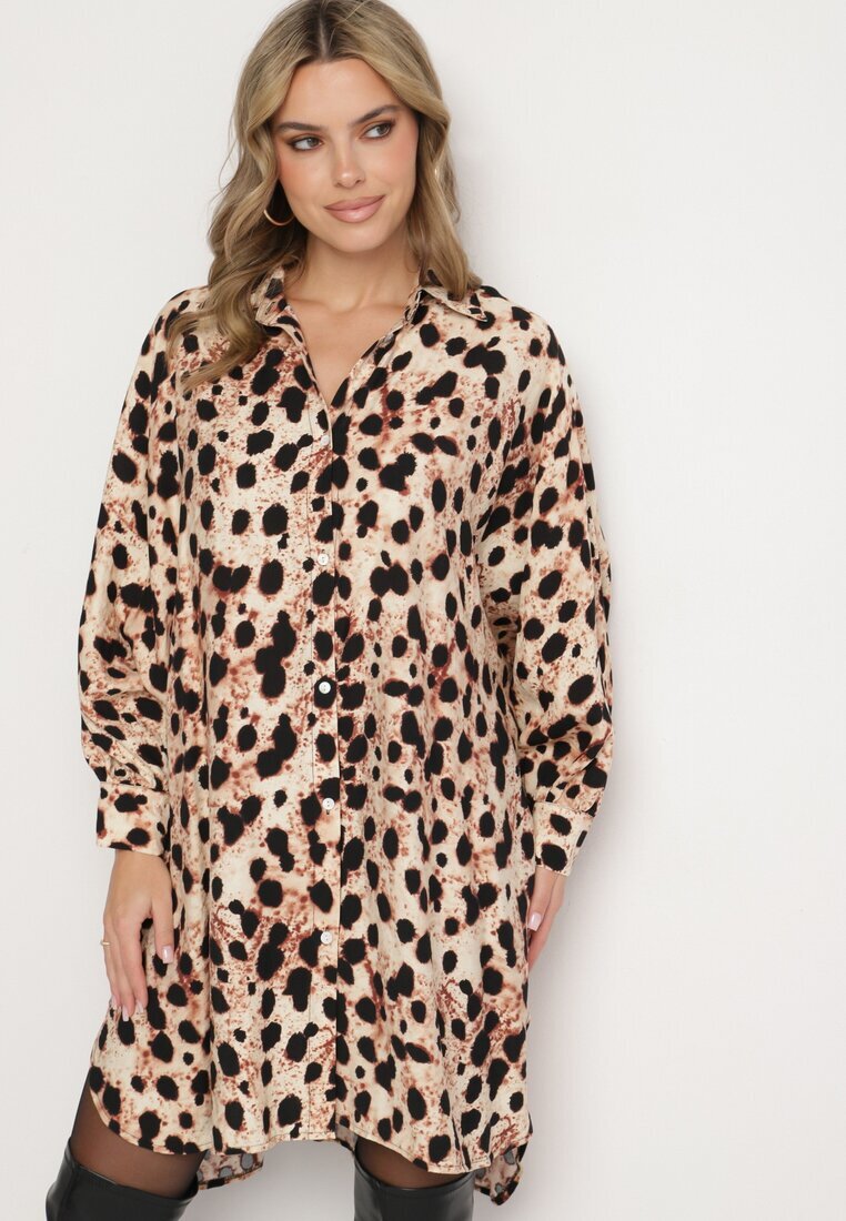 melya by melody Rochie tip cămașă bej din viscoză cu in cu imprimeu leopard în stil liliac Emarille