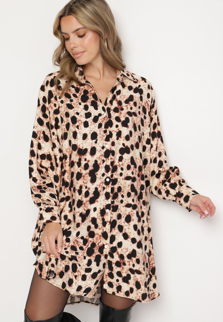 melya by melody Rochie tip cămașă bej din viscoză cu in cu imprimeu leopard în stil liliac Emarille