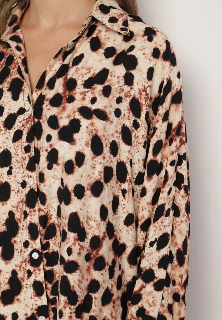 melya by melody Rochie tip cămașă bej din viscoză cu in cu imprimeu leopard în stil liliac Emarille