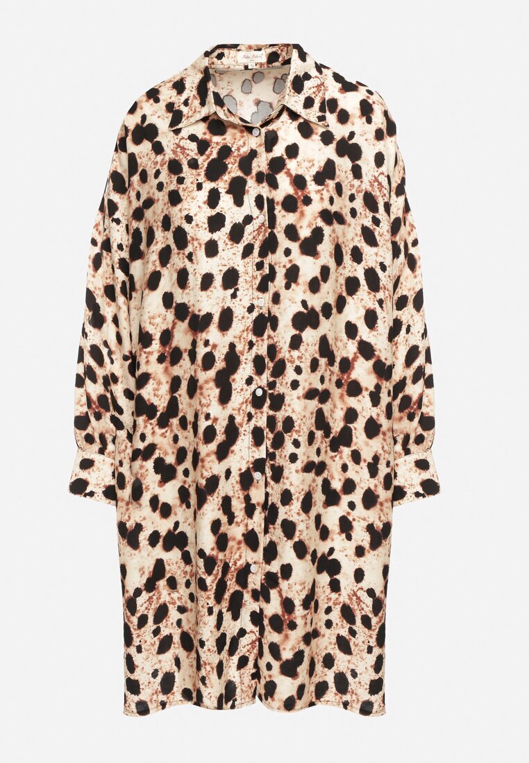 melya by melody Rochie tip cămașă bej din viscoză cu in cu imprimeu leopard în stil liliac Emarille